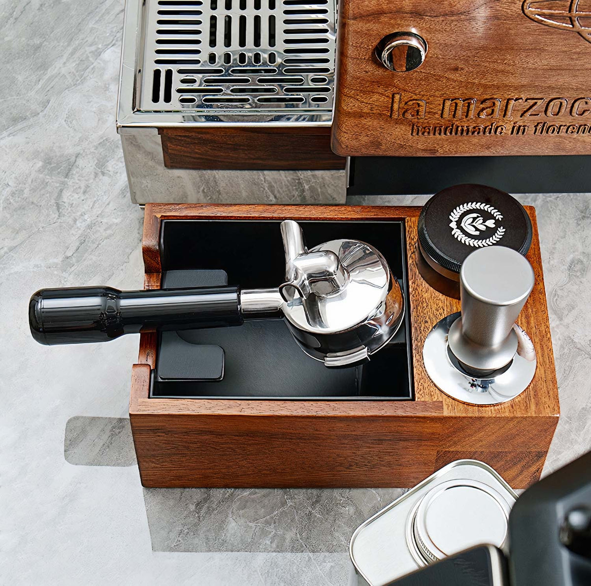 Wooden Coffee Tamper Station with Knock Box – detail view | Lastaforest