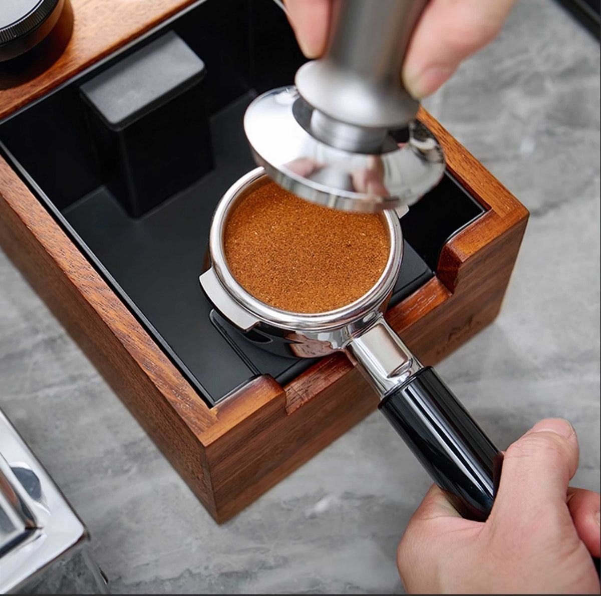 Wooden Coffee Tamper Station with Knock Box – side view | Lastaforest