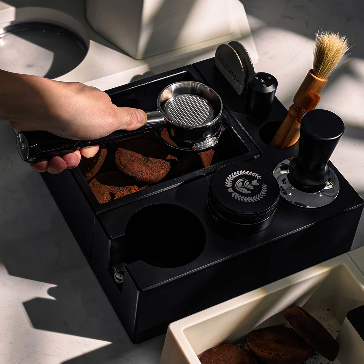 Espresso Knock Box and Tamp Station for Barista – side view | Lastaforest